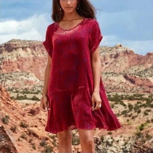 Johnny Was Jade Doris Red Blue Velvet Burnout Dress Scoop Neck Boho Size L - Picture 1 of 8